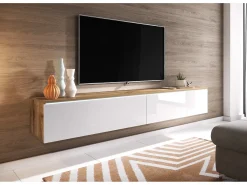 Móvel de TV moderno 180 cm para sala – 2 portas, sem puxadores, mate + brilho, de chão ou suspenso, carvalho wotan / branco brilho