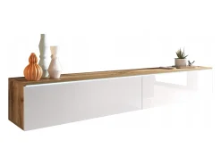 Móvel de TV moderno 180 cm para sala – 2 portas, sem puxadores, mate + brilho, de chão ou suspenso, carvalho wotan / branco brilho