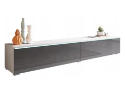 Móvel de TV moderno 180 cm para sala – 2 portas, sem puxadores, mate + brilho, de chão ou suspenso, branco / cinzento brilho