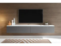 Móvel de TV moderno 180 cm para sala – 2 portas, sem puxadores, mate + brilho, de chão ou suspenso, branco / cinzento brilho