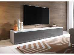 Móvel de TV moderno 180 cm para sala – 2 portas, sem puxadores, mate + brilho, de chão ou suspenso, branco / cinzento brilho