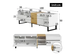 Móvel de TV moderno 2 gavetas, 2 compartimentos e 1 porta - 180 x 38 x 50 cm - MDF - Branco
