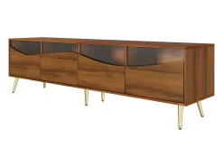 Móvel de TV moderno 180 x 40 x 50 cm com LEDs - pés de metal dourado - frente de vidro e 4 gavetas - MDF - natural