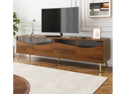 Móvel de TV moderno 180 x 40 x 50 cm com LEDs - pés de metal dourado - frente de vidro e 4 gavetas - MDF - natural