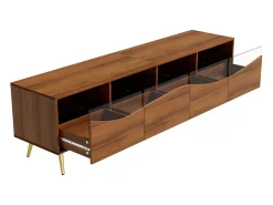 Móvel de TV moderno 180 x 40 x 50 cm com LEDs - pés de metal dourado - frente de vidro e 4 gavetas - MDF - natural