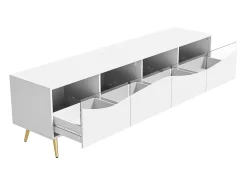 Móvel de TV moderno 180 x 40 x 50 cm com LEDs - pés de metal dourado - frente de vidro e 4 gavetas - MDF - branco