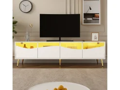 Móvel de TV moderno 180 x 40 x 50 cm com LEDs - pés de metal dourado - frente de vidro e 4 gavetas - MDF - branco