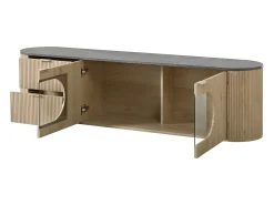 Móvel de TV moderno aspecto madeira - 172x38x45,5 cm - 2 portas e 2 gavetas - Tampo efeito mármore - MDF - Natural