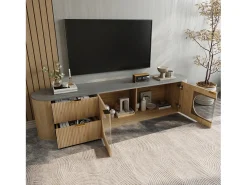 Móvel de TV moderno aspecto madeira - 172x38x45,5 cm - 2 portas e 2 gavetas - Tampo efeito mármore - MDF - Natural