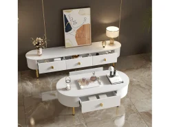 Móvel de TV moderno com 3 gavetas - 174 x 35 x 41 cm - MDF e pés de metal - Branco + dourado