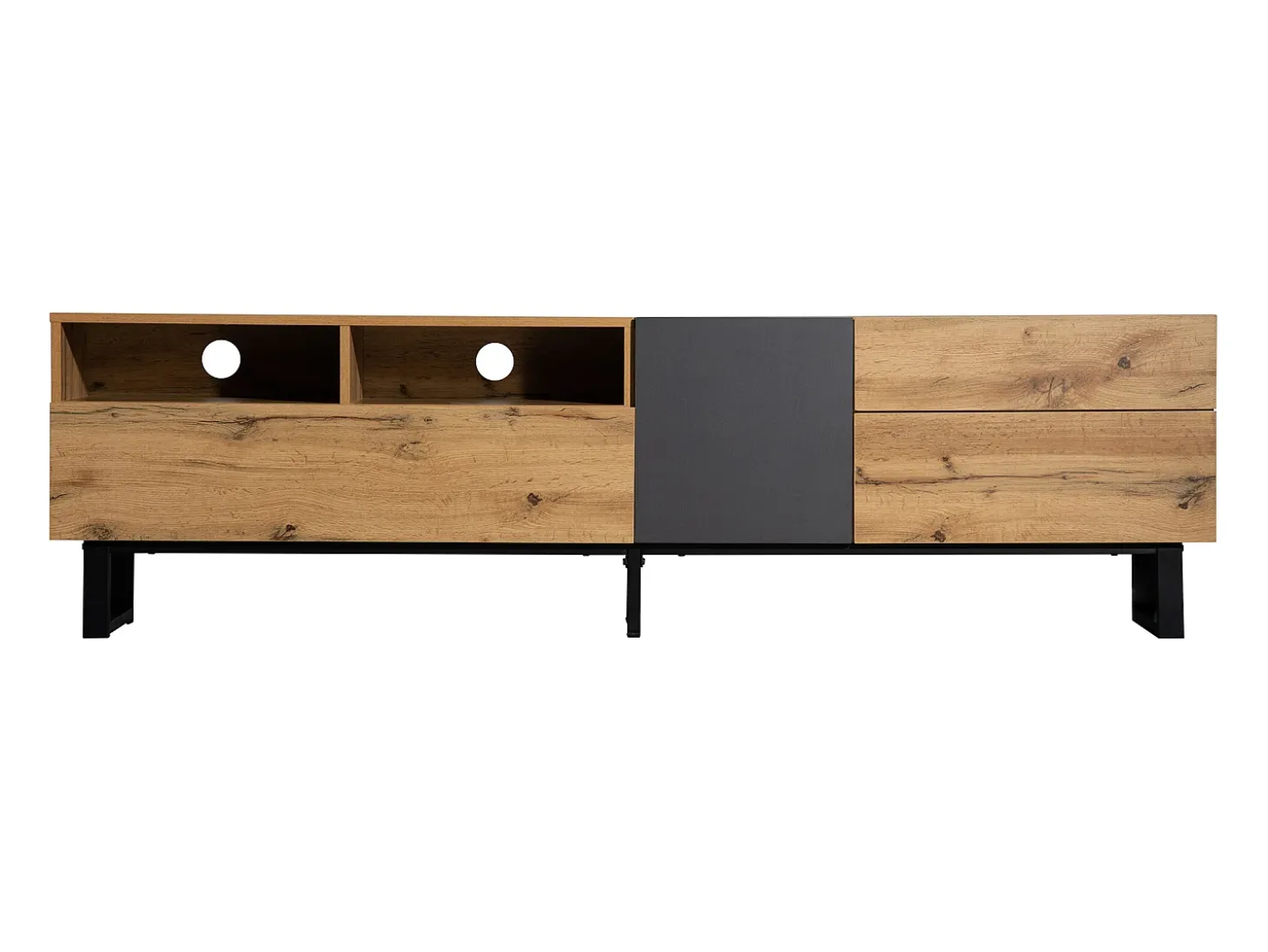 Móvel de TV moderno com 2 portas, 2 gavetas e 2 nichos - madeira MDF e metal - carvalho e preto