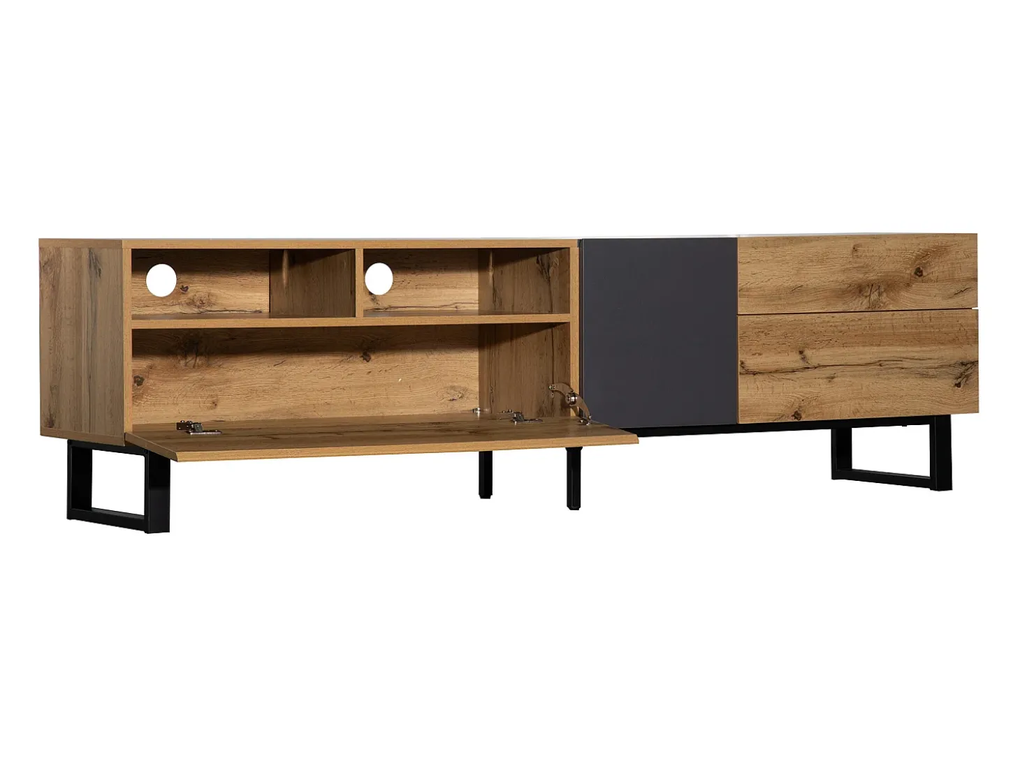 Móvel de TV moderno com 2 portas, 2 gavetas e 2 nichos - madeira MDF e metal - carvalho e preto
