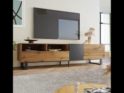 Móvel de TV moderno com 2 portas, 2 gavetas e 2 nichos - madeira MDF e metal - carvalho e preto