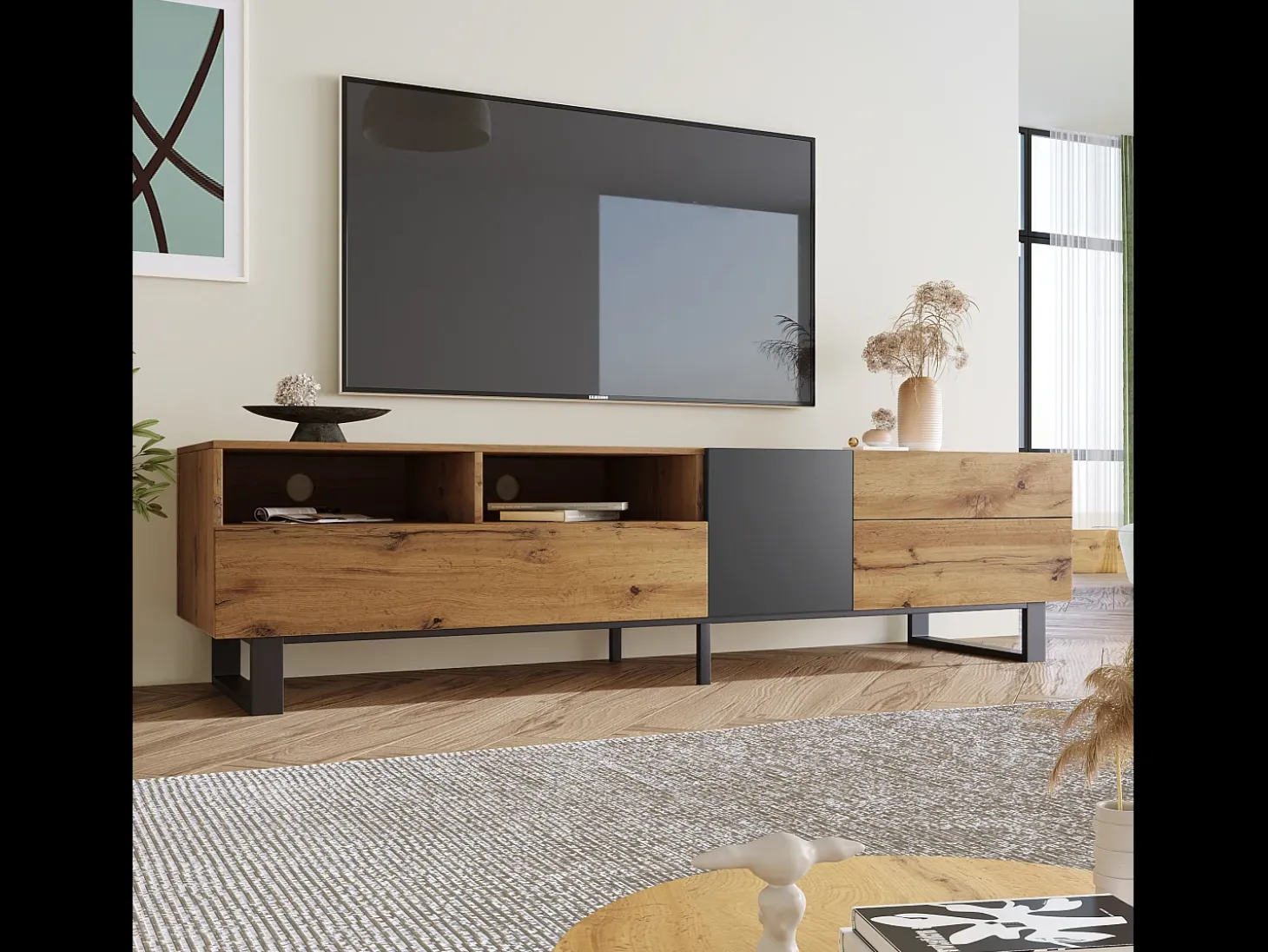 Móvel de TV moderno com 2 portas, 2 gavetas e 2 nichos - madeira MDF e metal - carvalho e preto