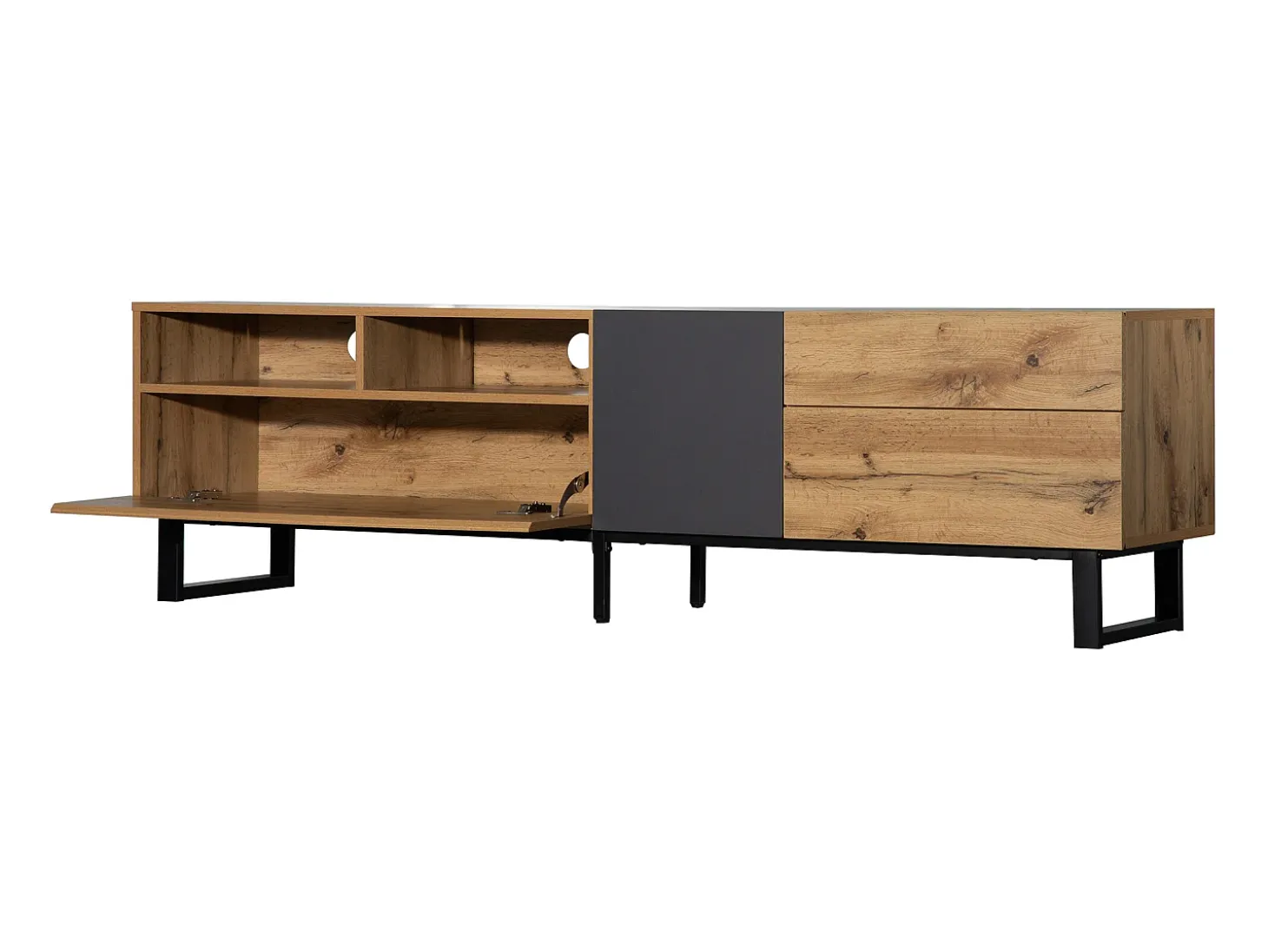 Móvel de TV moderno com 2 portas, 2 gavetas e 2 nichos - madeira MDF e metal - carvalho e preto