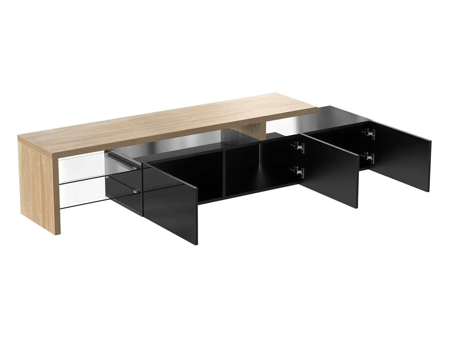 Móvel de TV moderno com 3 portas e 2 nichos - LEDs - Madeira MDF e vidro - carvalho e cor preta