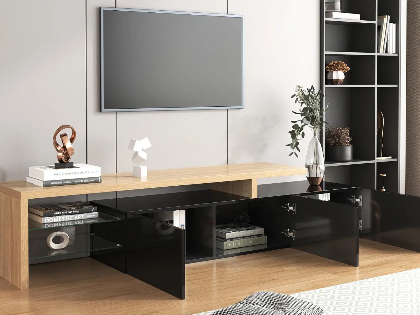 Móvel de TV moderno com 3 portas e 2 nichos - LEDs - Madeira MDF e vidro - carvalho e cor preta