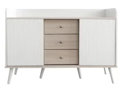 Móvel de TV moderno com 3 portas e 2 nichos - LEDs - Madeira MDF e vidro - carvalho e branco