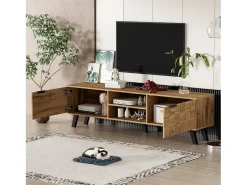 Móvel de TV moderno com 2 portas e 2 compartimentos abertos - 160,5 x 35,5 x 45 cm - Aglomerado - Cor madeira