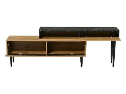 Móvel de TV moderno com 2 portas e 1 nicho, padrão mármore, madeira MDF e pés de ferro, cor natural