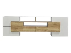 Móvel de TV moderno com 4 portas, 2 gavetas e 2 nichos - Aspecto branco brilhante - LEDs - Comprimento 200cm - Cor carvalho