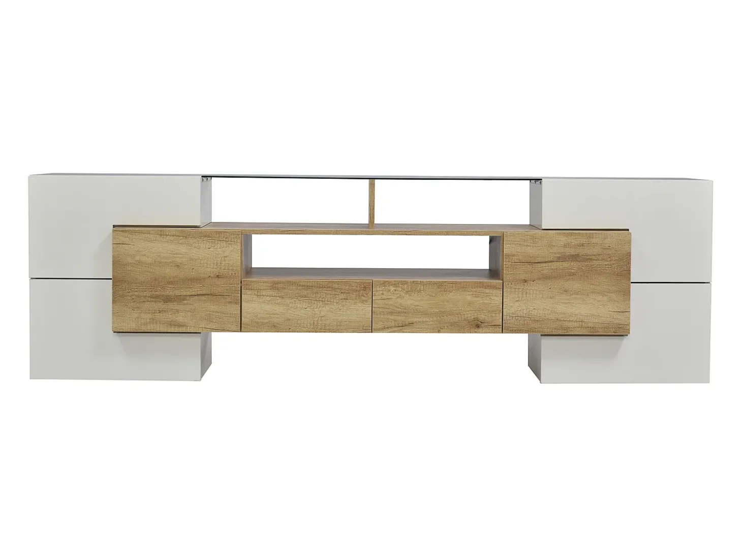 Móvel de TV moderno com 4 portas, 2 gavetas e 2 nichos - Aspecto branco brilhante - LEDs - Comprimento 200cm - Cor carvalho
