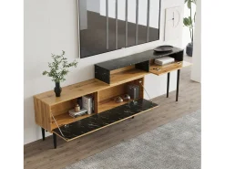 Móvel de TV moderno com design em mármore e grão de madeira - Borda em PVC, pernas em ferro, cor madeira escura - 129x30x58cm