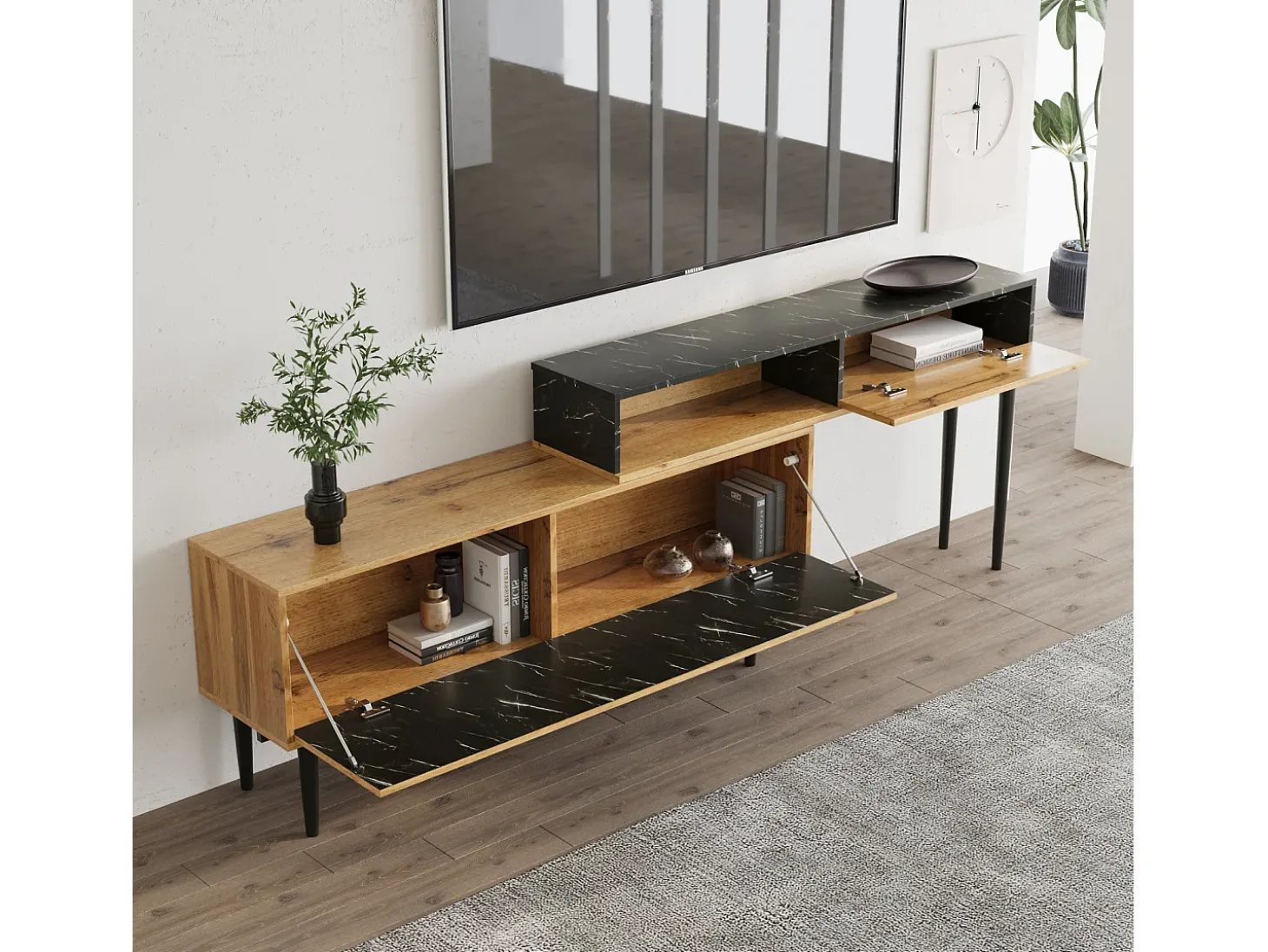 Móvel de TV moderno com design em mármore e grão de madeira - Borda em PVC, pernas em ferro, cor madeira escura - 129x30x58cm