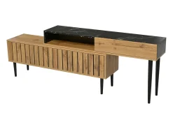 Móvel de TV moderno com design em mármore e grão de madeira - Borda em PVC, pernas em ferro, cor madeira escura - 129x30x58cm