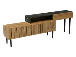 Móvel de TV moderno com design em mármore e grão de madeira - Borda em PVC, pernas em ferro, cor madeira escura - 129x30x58cm