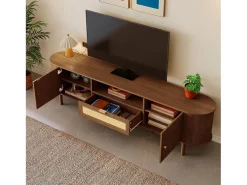 Móvel de TV moderno com gaveta em rattan e 2 portas - Pés em metal - Castanho
