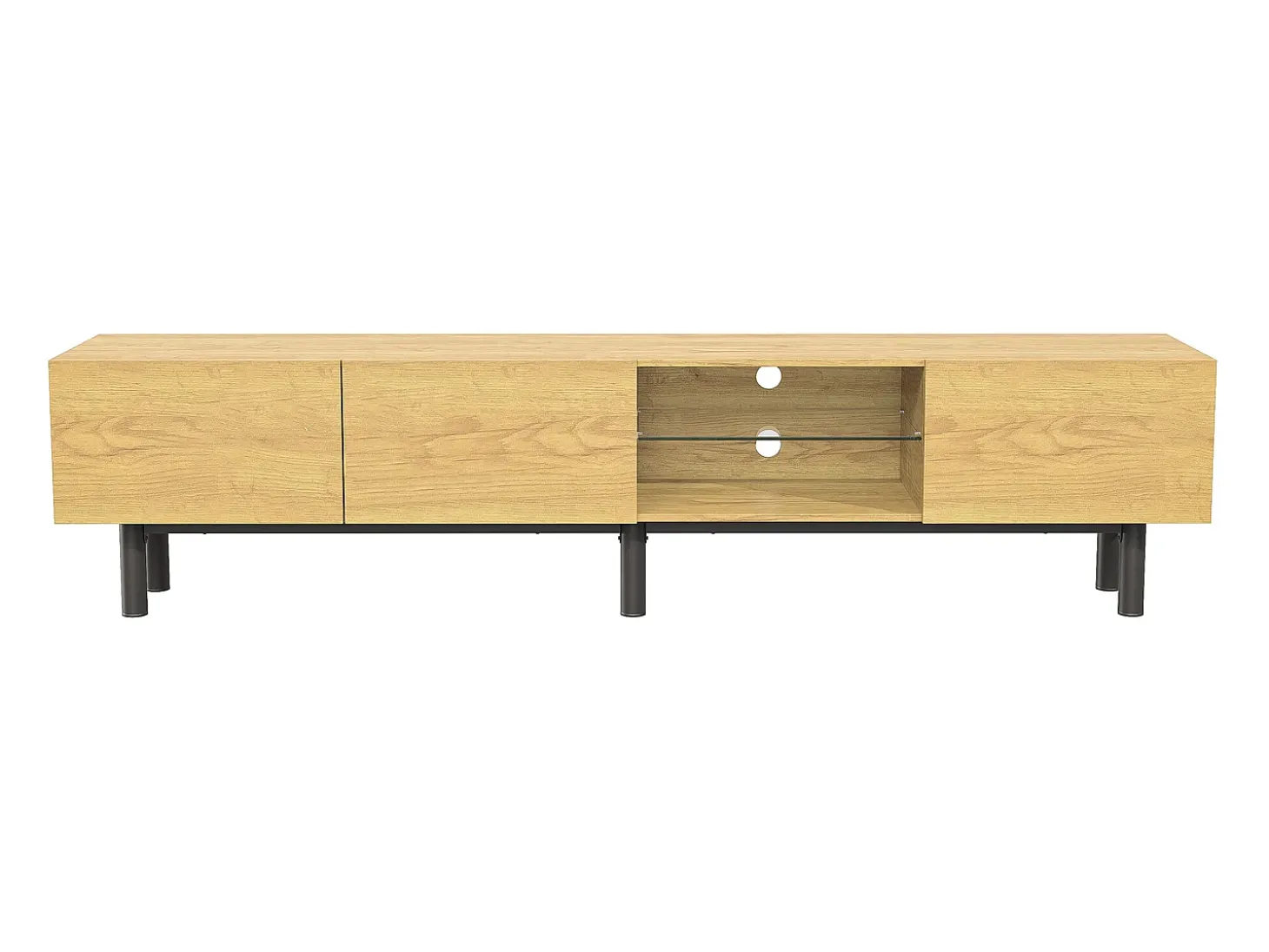 Móvel de TV moderno de 175x31x41 cm com iluminação LED, em madeira com portas e compartimento, nas cores preto e madeira.