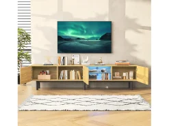 Móvel de TV moderno de 175x31x41 cm com iluminação LED, em madeira com portas e compartimento, nas cores preto e madeira.