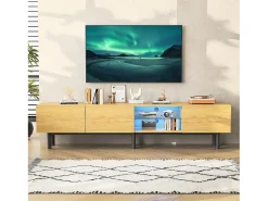 Móvel de TV moderno de 175x31x41 cm com iluminação LED, em madeira com portas e compartimento, nas cores preto e madeira.