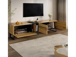 Móvel de TV moderno e baixo de 180 cm com compartimento rebatível, compartimentos abertos e portas duplas.