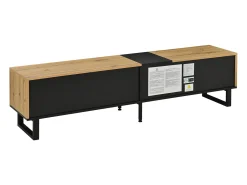 Móvel de TV moderno e baixo de 180 cm com compartimento rebatível, compartimentos abertos e portas duplas.
