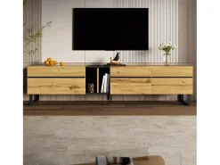 Móvel de TV moderno e baixo de 180 cm com compartimento rebatível, compartimentos abertos e portas duplas.