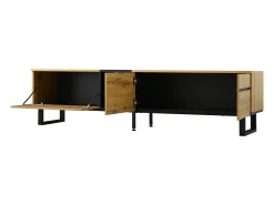 Móvel de TV moderno e baixo de 180 cm com compartimento rebatível, compartimentos abertos e portas duplas.