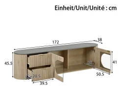 Móvel de TV moderno e minimalista com acabamento imitando madeira - 172 x 38 x 45,5 cm - com 2 portas de vidro e 2 gavetas - MDF e vidro - cor natural clara