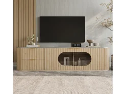 Móvel de TV moderno e minimalista com acabamento imitando madeira - 172 x 38 x 45,5 cm - com 2 portas de vidro e 2 gavetas - MDF e vidro - cor natural clara