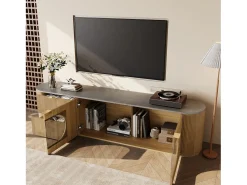 Móvel de TV moderno e minimalista com acabamento imitando madeira - 172 x 38 x 45,5 cm - com 2 portas de vidro e 2 gavetas - MDF e vidro - cor natural clara