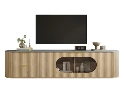 Móvel de TV moderno e minimalista com acabamento imitando madeira - 172 x 38 x 45,5 cm - com 2 portas de vidro e 2 gavetas - MDF e vidro - cor natural clara
