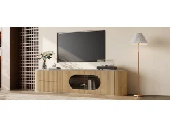 Móvel de TV moderno e minimalista com acabamento imitando madeira - 172 x 38 x 45,5 cm - com 2 portas de vidro e 2 gavetas - MDF e vidro - cor natural clara
