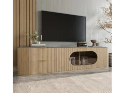 Móvel de TV moderno e minimalista com acabamento imitando madeira - 172 x 38 x 45,5 cm - com 2 portas de vidro e 2 gavetas - MDF e vidro - cor natural clara