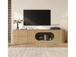 Móvel de TV moderno e minimalista com acabamento imitando madeira - 172 x 38 x 45,5 cm - com 2 portas de vidro e 2 gavetas - MDF e vidro - cor natural clara