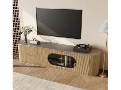 Móvel de TV moderno e minimalista com acabamento imitando madeira - 172 x 38 x 45,5 cm - com 2 portas de vidro e 2 gavetas - MDF e vidro - cor natural clara