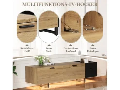 Móvel de TV moderno para sala de estar - 180 x 38 x 49 cm - com gavetas + portas + espaço de armazenamento fechado + LEDs - madeira - preto + natural