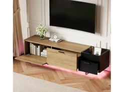 Móvel de TV moderno para sala de estar - 180 x 38 x 49 cm - com gavetas + portas + espaço de armazenamento fechado + LEDs - madeira - preto + natural