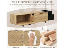 Móvel de TV moderno para sala de estar - 180 x 38 x 49 cm - com gavetas + portas + espaço de armazenamento fechado + LEDs - madeira - preto + natural