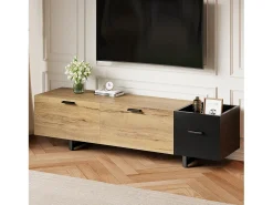 Móvel de TV moderno para sala de estar - 180 x 38 x 49 cm - com gavetas + portas + espaço de armazenamento fechado + LEDs - madeira - preto + natural
